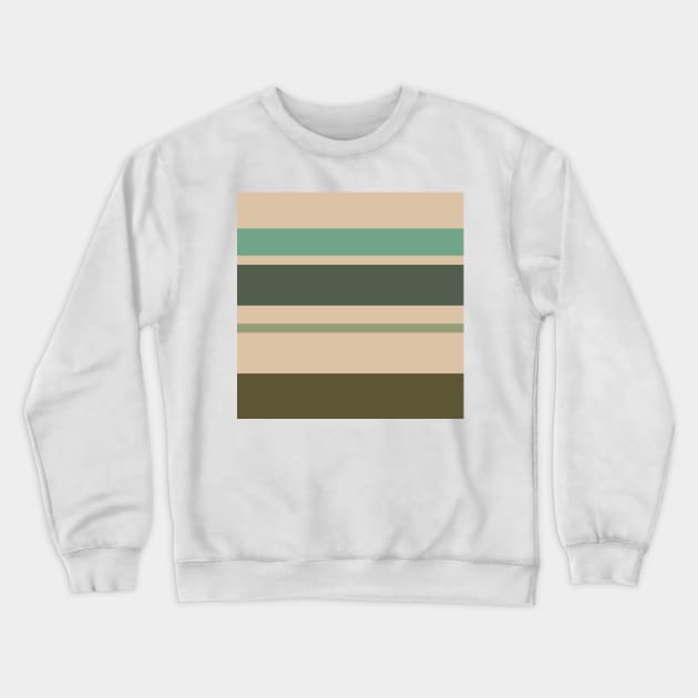 A lovely harmonization of Camo Green, Beige, Grey/Green, Greyish Teal and Ebony stripes. Crewneck Sweatshirt by Sociable Stripes